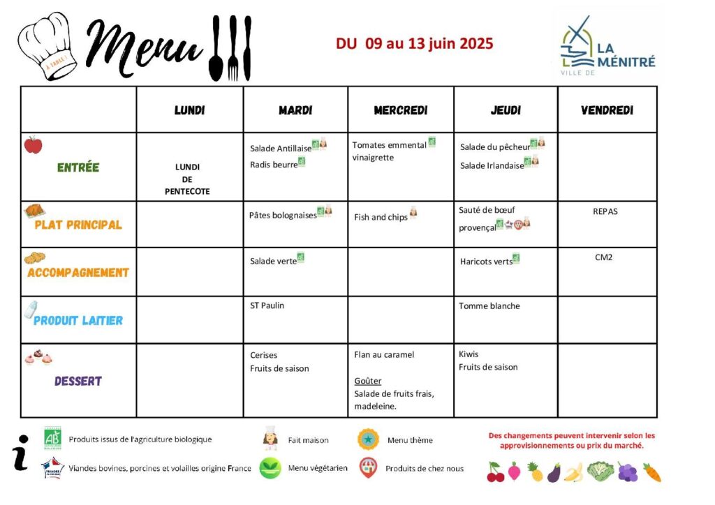 Image du document Menu du 9 au 13.06.25