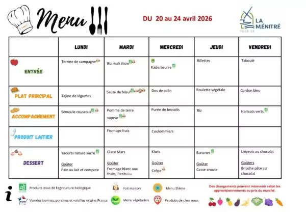 Image du document MENUS RESTAURANT SCOLAIRE 20 au 24 04 26 vacances