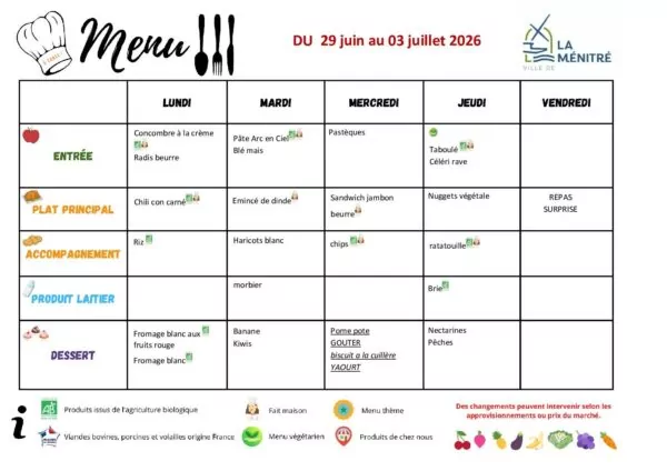 Image du document MENUS RESTAURANT SCOLAIRE 29 06  au 3 07 26