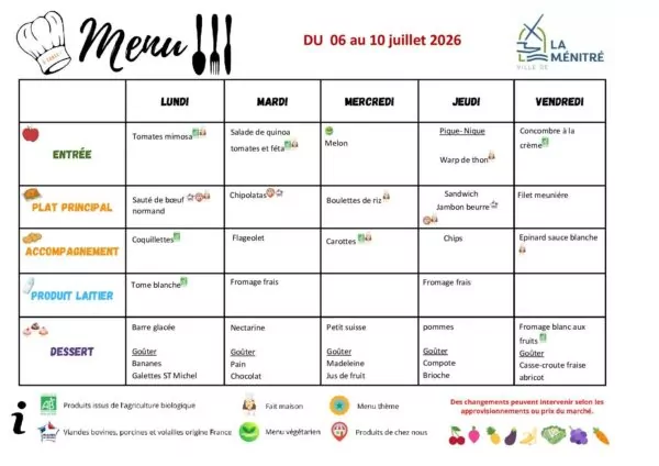 Image du document MENUS RESTAURANT SCOLAIRE 06 au 10.07.2026