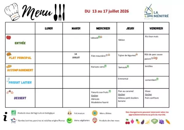 Image du document MENUS RESTAURANT SCOLAIRE 13 AU 17.07.2026