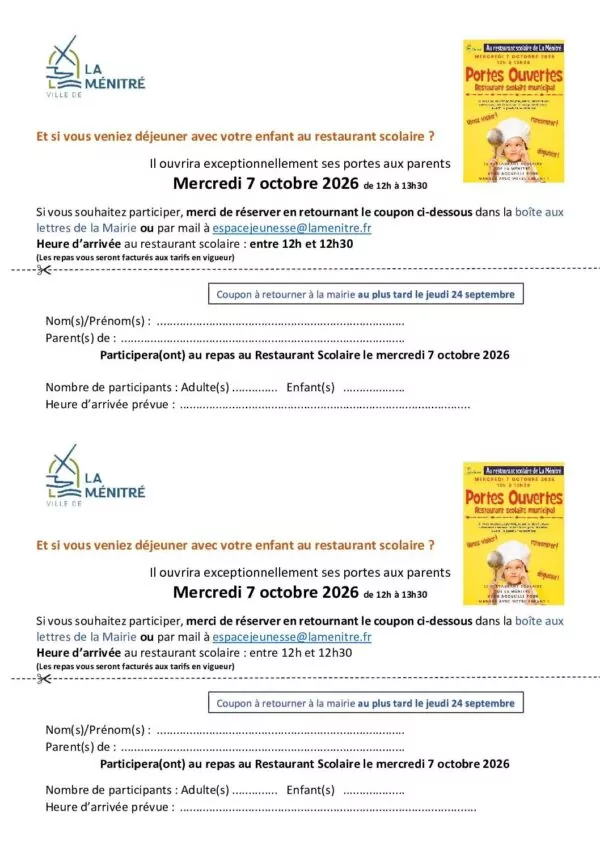 Image du document Portes ouvertes restaurant scolaire Bulletin inscription 7 10 2026